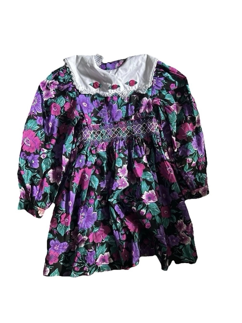 Girls Vintage Polly Flinders Pink And Purple Floral Smocked Dress Size 5